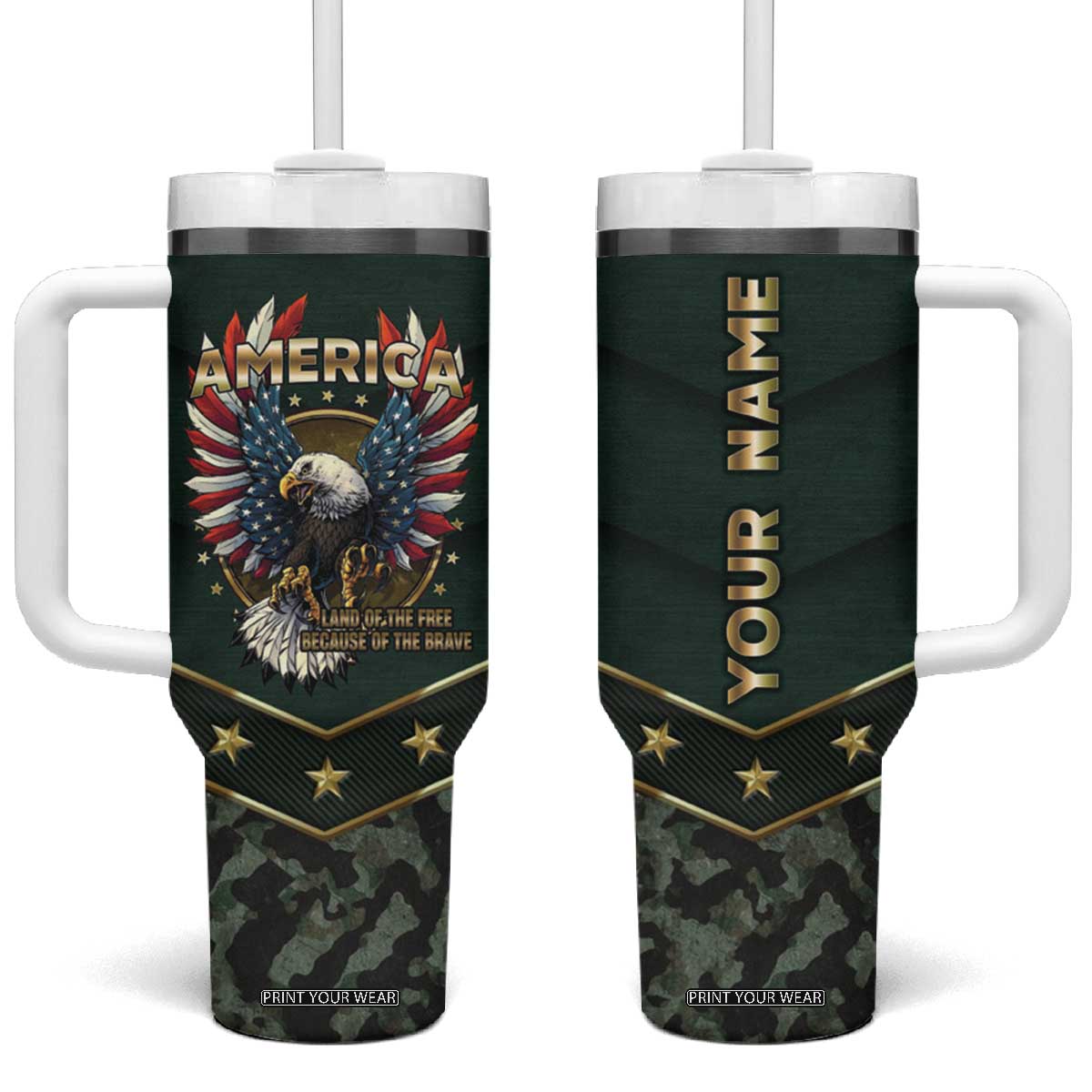 Personalized American Patriot Tumbler With Handle Custom Name Land Of The Free Because Of The Brave TB09 One Size: 40 oz Millitary Print Your Wear