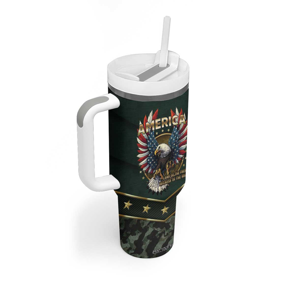 Personalized American Patriot Tumbler With Handle Custom Name Land Of The Free Because Of The Brave TB09 Print Your Wear