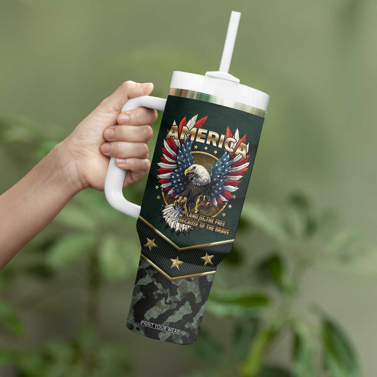 Personalized American Patriot Tumbler With Handle Custom Name Land Of The Free Because Of The Brave TB09 Print Your Wear