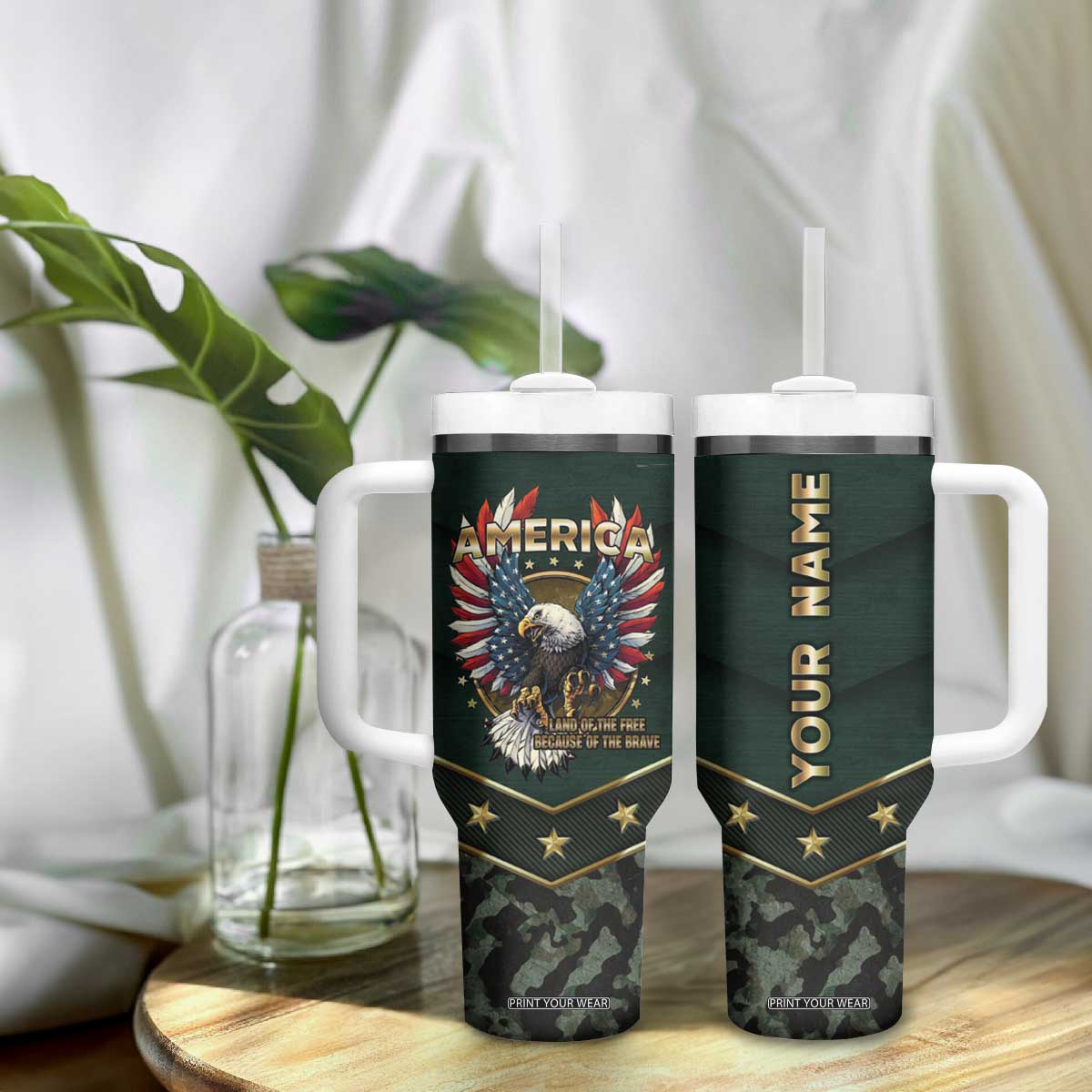 Personalized American Patriot Tumbler With Handle Custom Name Land Of The Free Because Of The Brave TB09 Print Your Wear