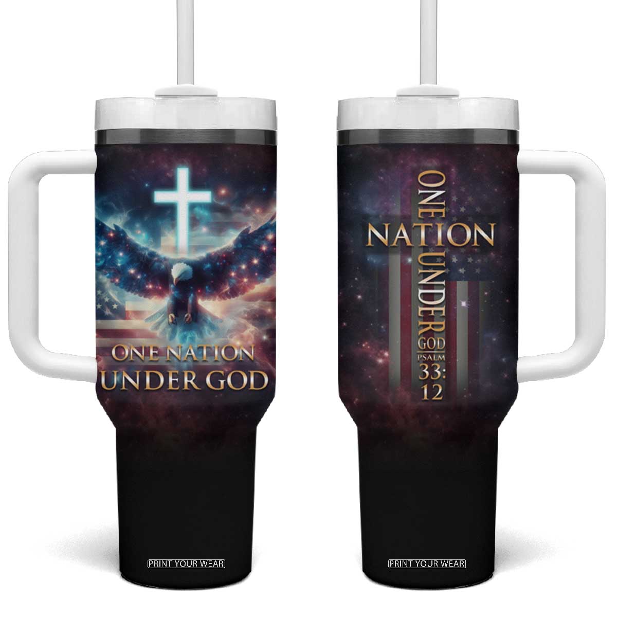 American Patriot Christian Tumbler With Handle One Nation Under God TB09 One Size: 40 oz American Flag Print Your Wear