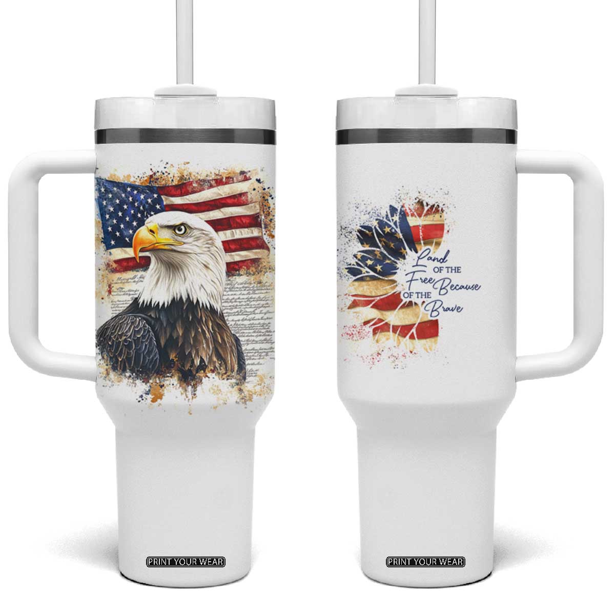 American Patriot Tumbler With Handle Land Of The Free Because Of The Brave TB09 One Size: 40 oz White Print Your Wear