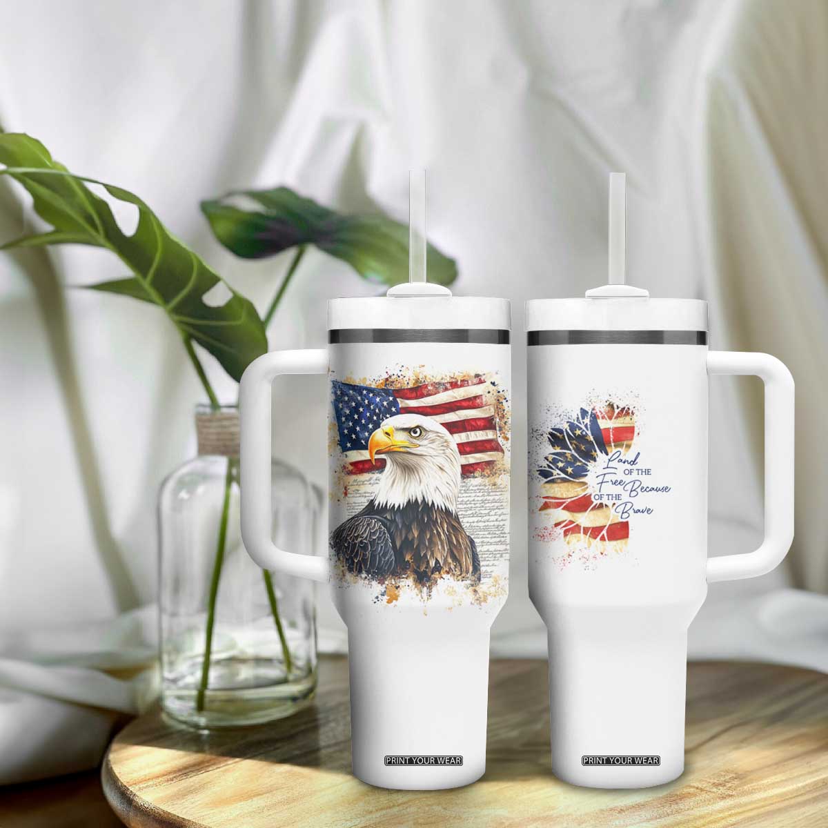 American Patriot Tumbler With Handle Land Of The Free Because Of The Brave TB09 Print Your Wear