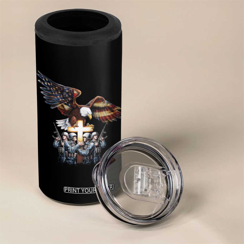 American Patriot Christian 4 in 1 Can Cooler Tumbler Stand For the Flag Kneel For the Cross Eagle TB09 Print Your Wear