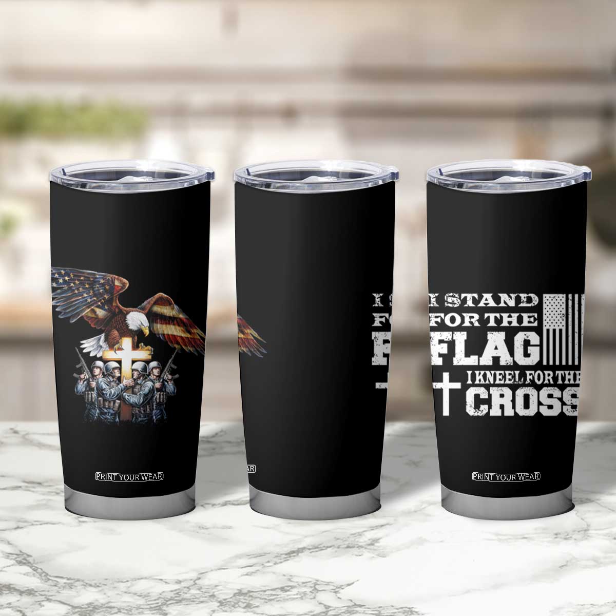 American Patriot Christian Tumbler Cup Stand For the Flag Kneel For the Cross Eagle TB09 Print Your Wear