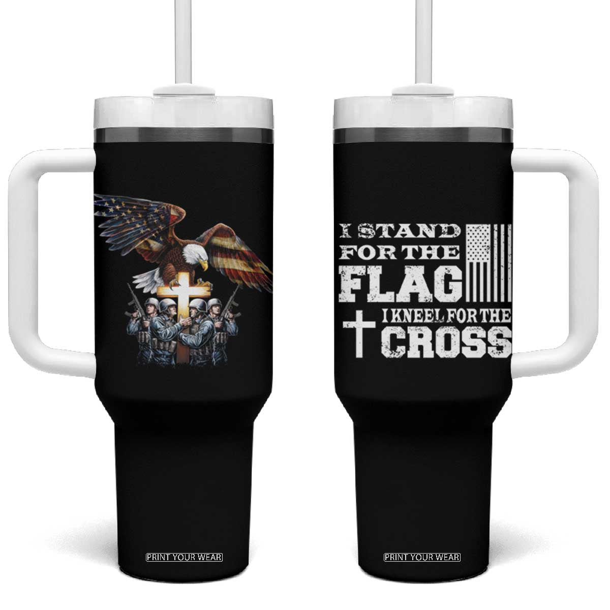 American Patriot Christian Tumbler With Handle Stand For the Flag Kneel For the Cross Eagle TB09 One Size: 40 oz Black Print Your Wear
