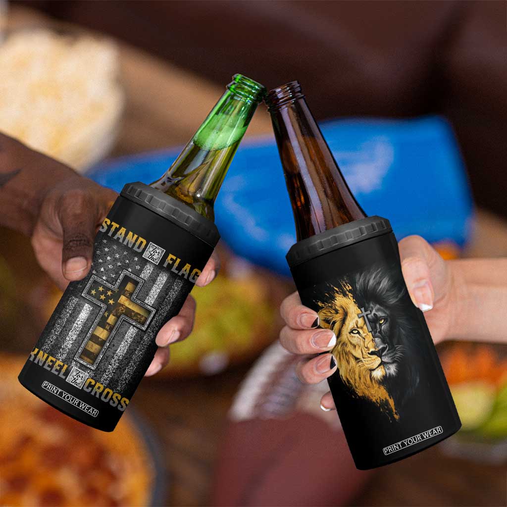 American Patriot Christian 4 in 1 Can Cooler Tumbler Stand For the Flag Kneel For the Cross Lion TB09 Print Your Wear