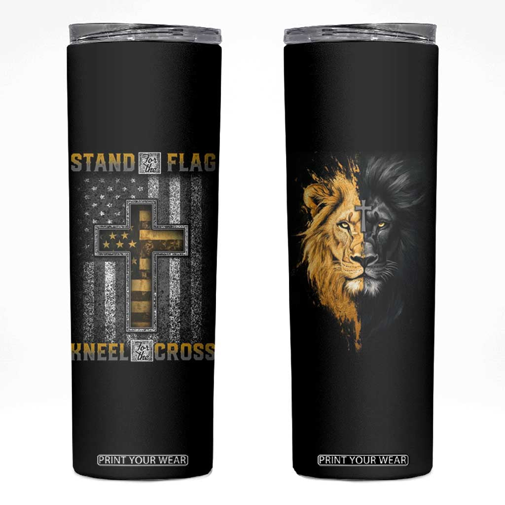 American Patriot Christian Skinny Tumbler Stand For the Flag Kneel For the Cross Lion TB09 Black Print Your Wear