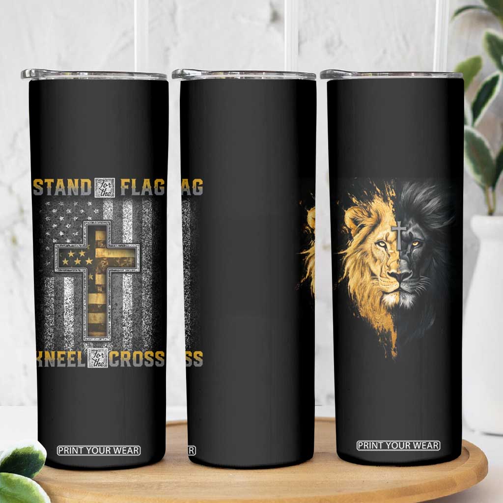 American Patriot Christian Skinny Tumbler Stand For the Flag Kneel For the Cross Lion TB09 Print Your Wear