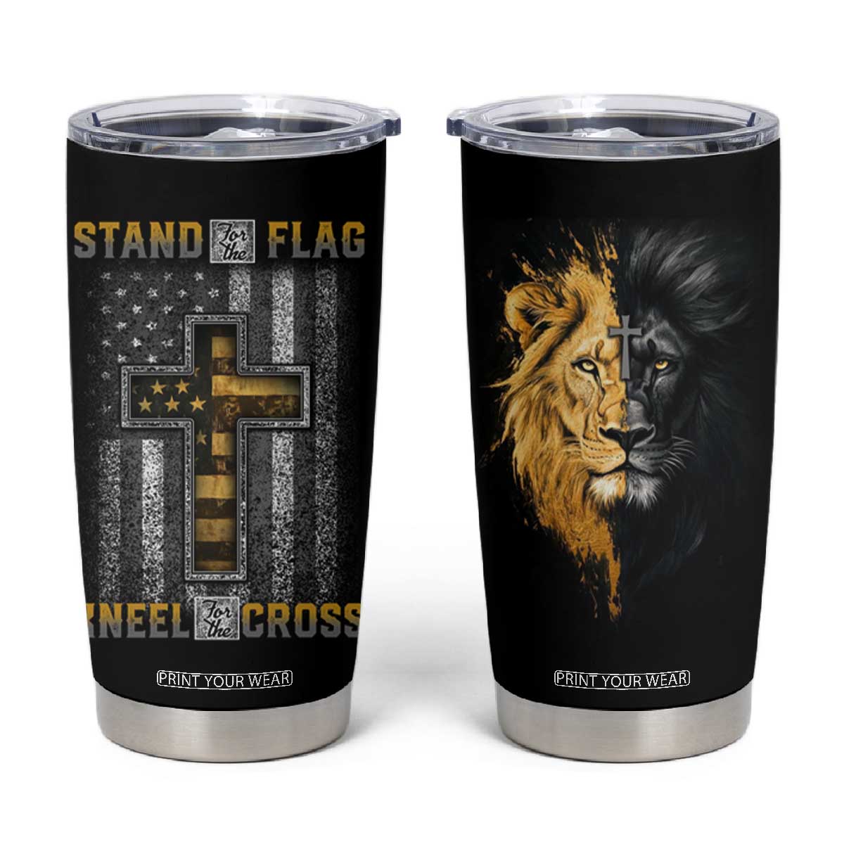 American Patriot Christian Tumbler Cup Stand For the Flag Kneel For the Cross Lion TB09 Black Print Your Wear