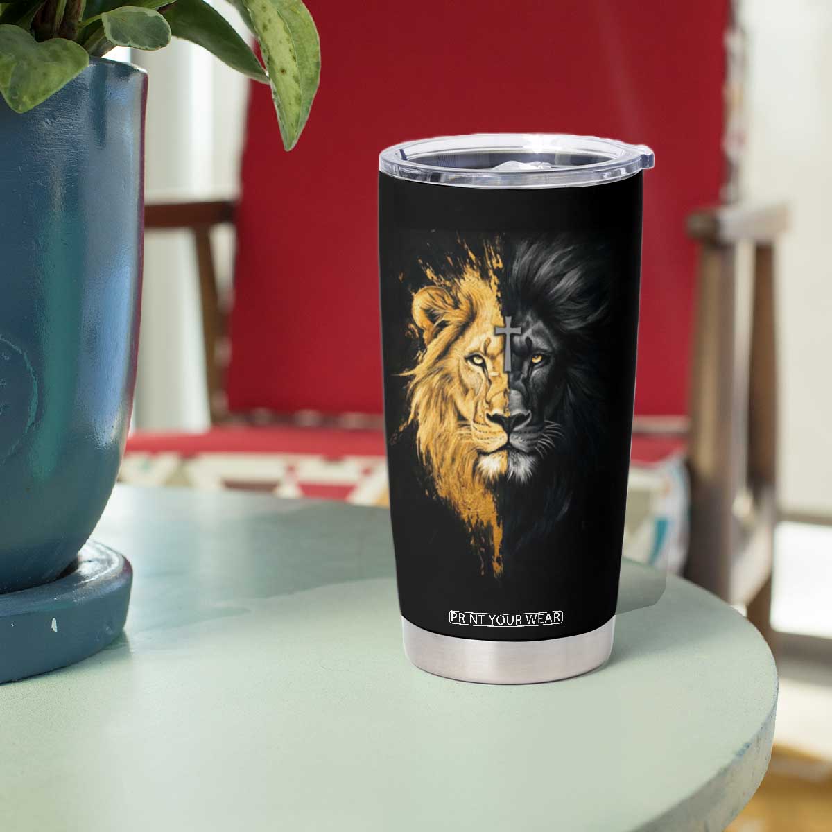 American Patriot Christian Tumbler Cup Stand For the Flag Kneel For the Cross Lion TB09 Print Your Wear