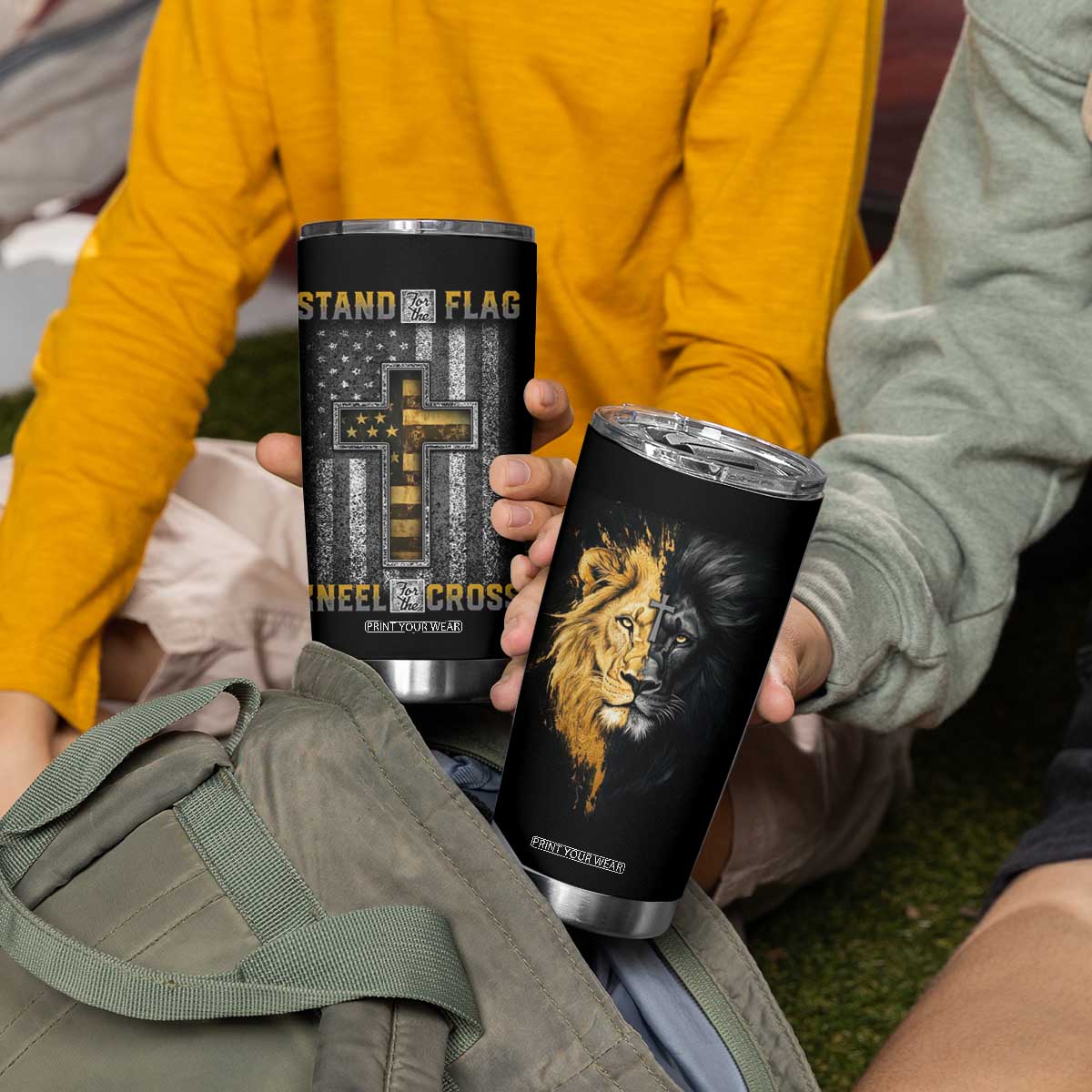 American Patriot Christian Tumbler Cup Stand For the Flag Kneel For the Cross Lion TB09 Print Your Wear