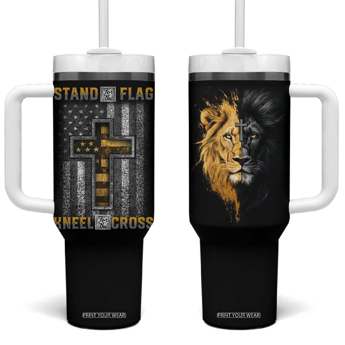 American Patriot Christian Tumbler With Handle Stand For the Flag Kneel For the Cross Lion TB09 One Size: 40 oz Black Print Your Wear
