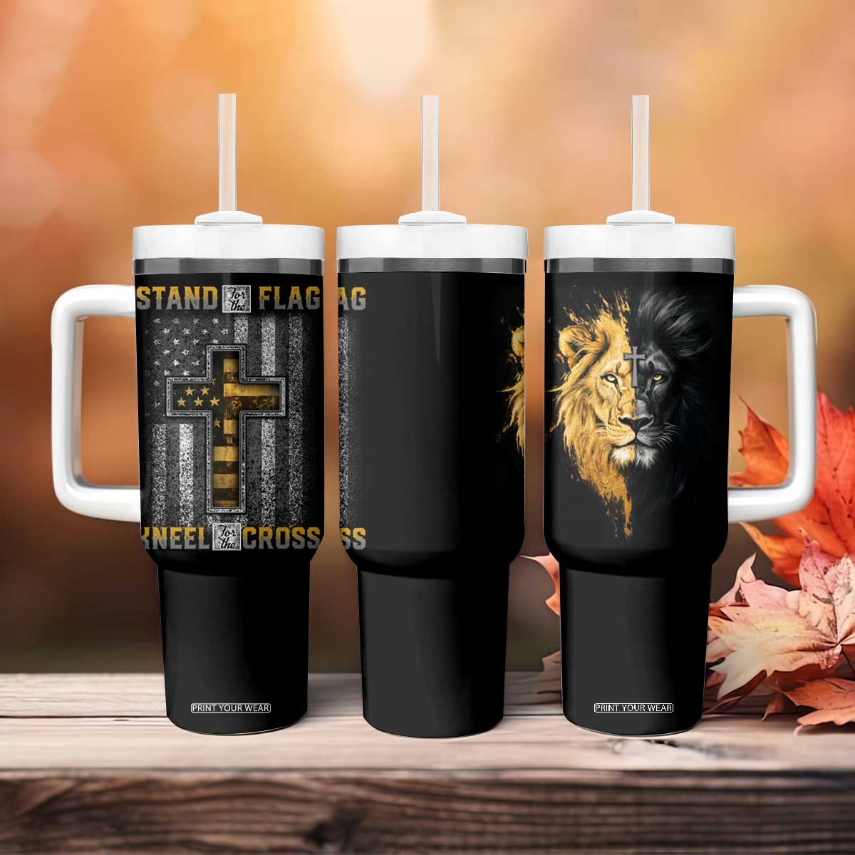 American Patriot Christian Tumbler With Handle Stand For the Flag Kneel For the Cross Lion TB09 Print Your Wear