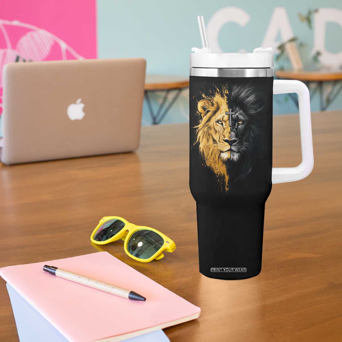 American Patriot Christian Tumbler With Handle Stand For the Flag Kneel For the Cross Lion TB09 Print Your Wear
