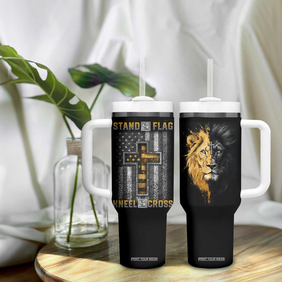 American Patriot Christian Tumbler With Handle Stand For the Flag Kneel For the Cross Lion TB09 Print Your Wear
