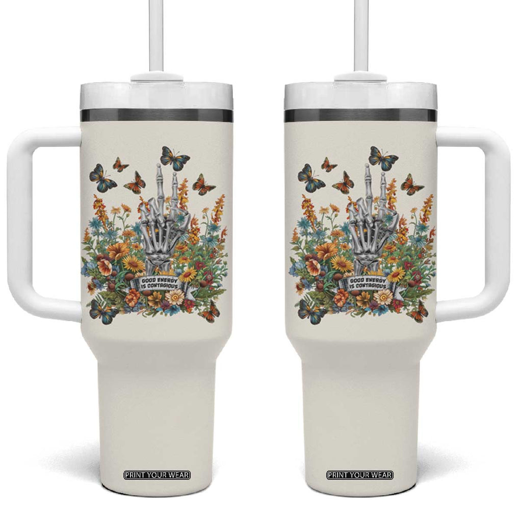 Good Energy Is Contagious Tumbler With Handle TB09 One Size: 40 oz Beige Print Your Wear