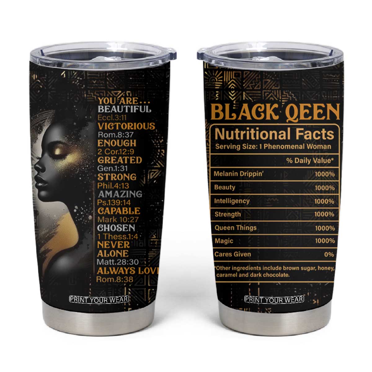 Black Women Inspire Tumbler Cup African Queen Beautiful Victorious Enough Gift For Her TB09 Black Gold Print Your Wear