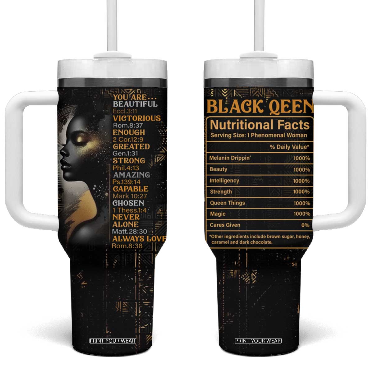 Black Women Inspire Tumbler With Handle African Queen Beautiful Victorious Enough Gift For Her TB09 One Size: 40 oz Black Gold Print Your Wear