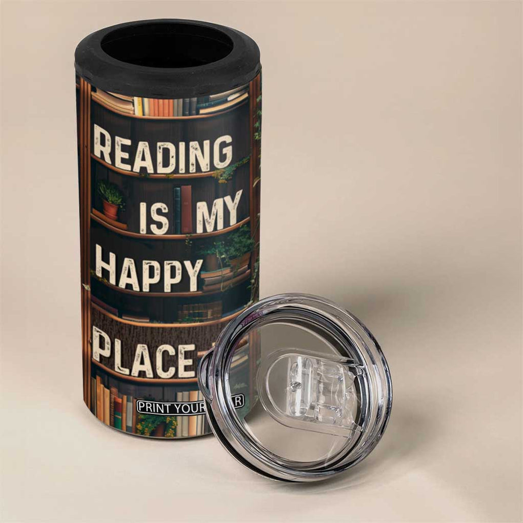 Book Lover 4 in 1 Can Cooler Tumbler Reading Is My Happy Place Vintage Bookshelf TB09 Print Your Wear