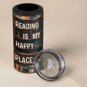 Book Lover 4 in 1 Can Cooler Tumbler Reading Is My Happy Place Vintage Bookshelf TB09 Print Your Wear