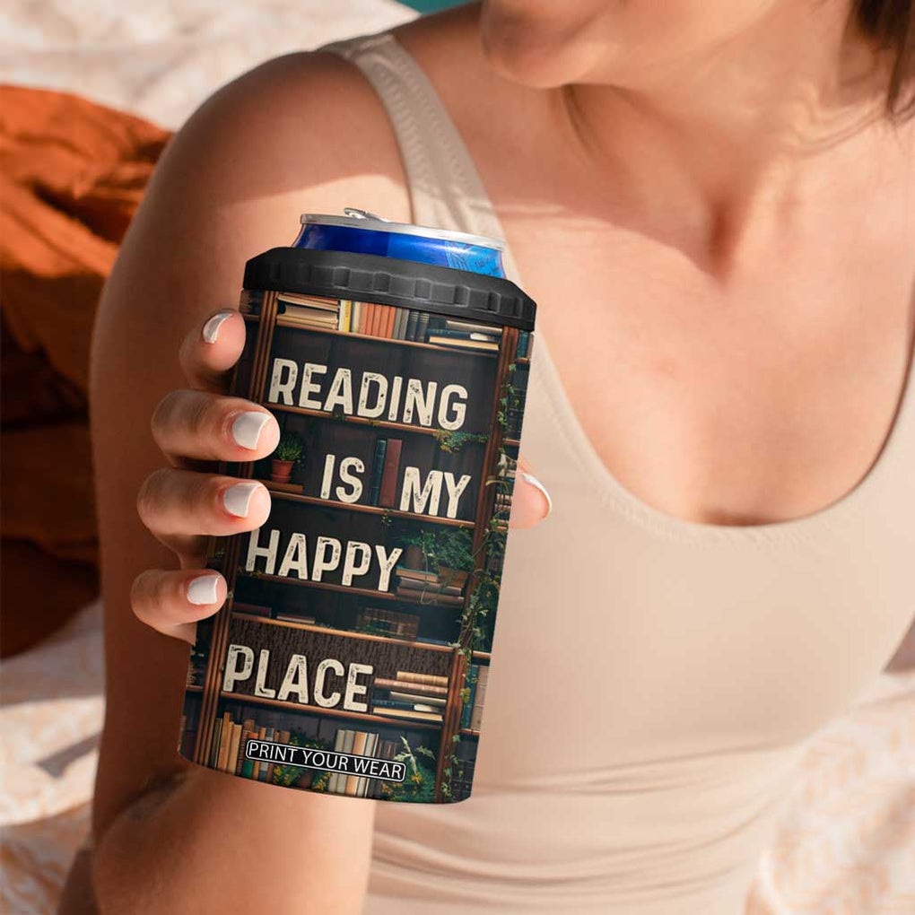 Book Lover 4 in 1 Can Cooler Tumbler Reading Is My Happy Place Vintage Bookshelf TB09 Print Your Wear