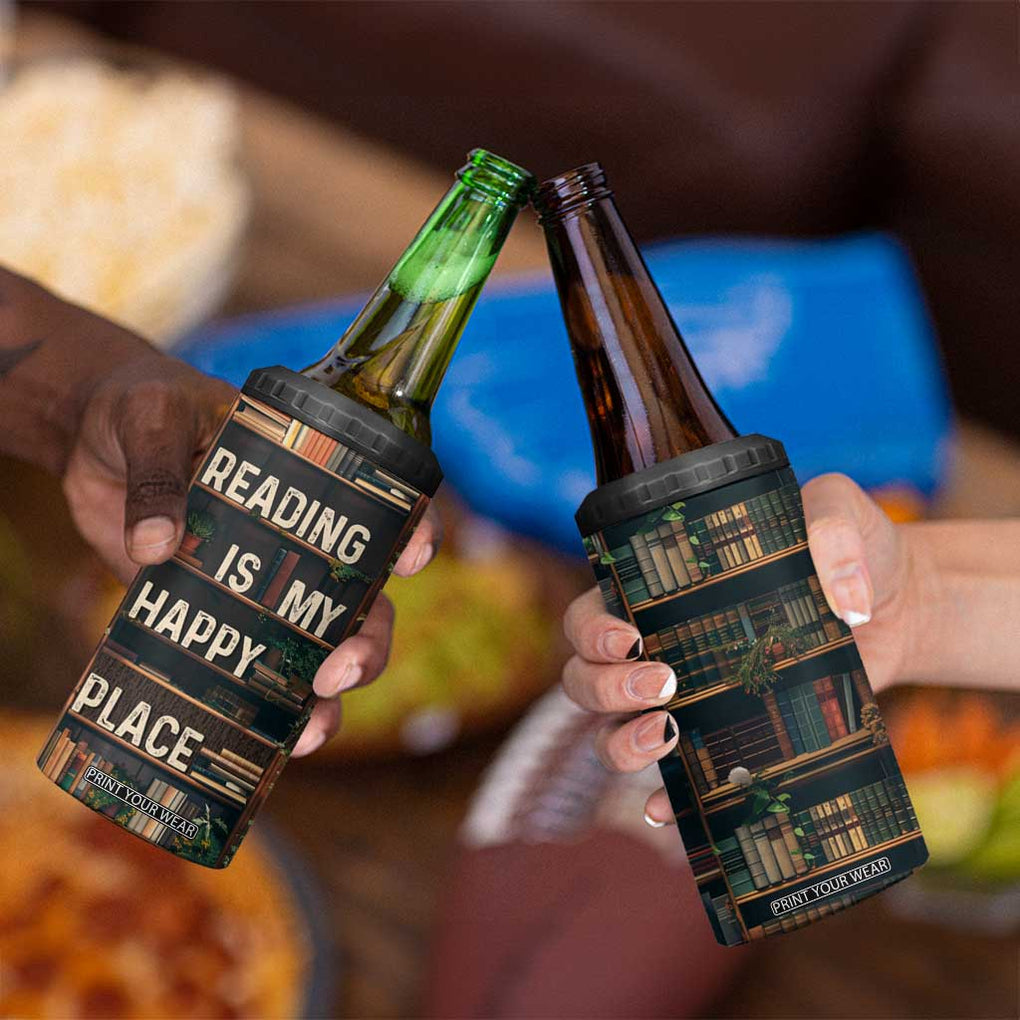 Book Lover 4 in 1 Can Cooler Tumbler Reading Is My Happy Place Vintage Bookshelf TB09 Print Your Wear