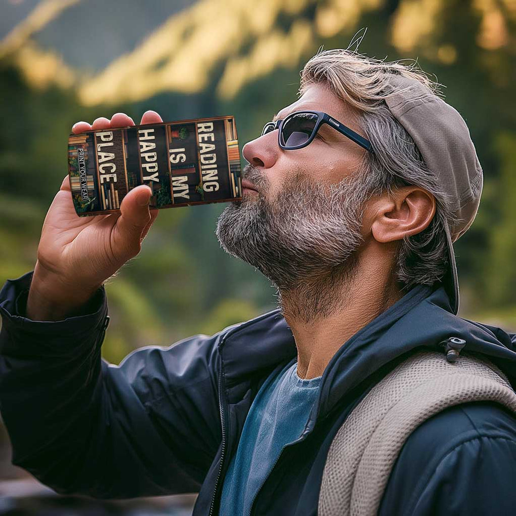 Book Lover 4 in 1 Can Cooler Tumbler Reading Is My Happy Place Vintage Bookshelf TB09 Print Your Wear