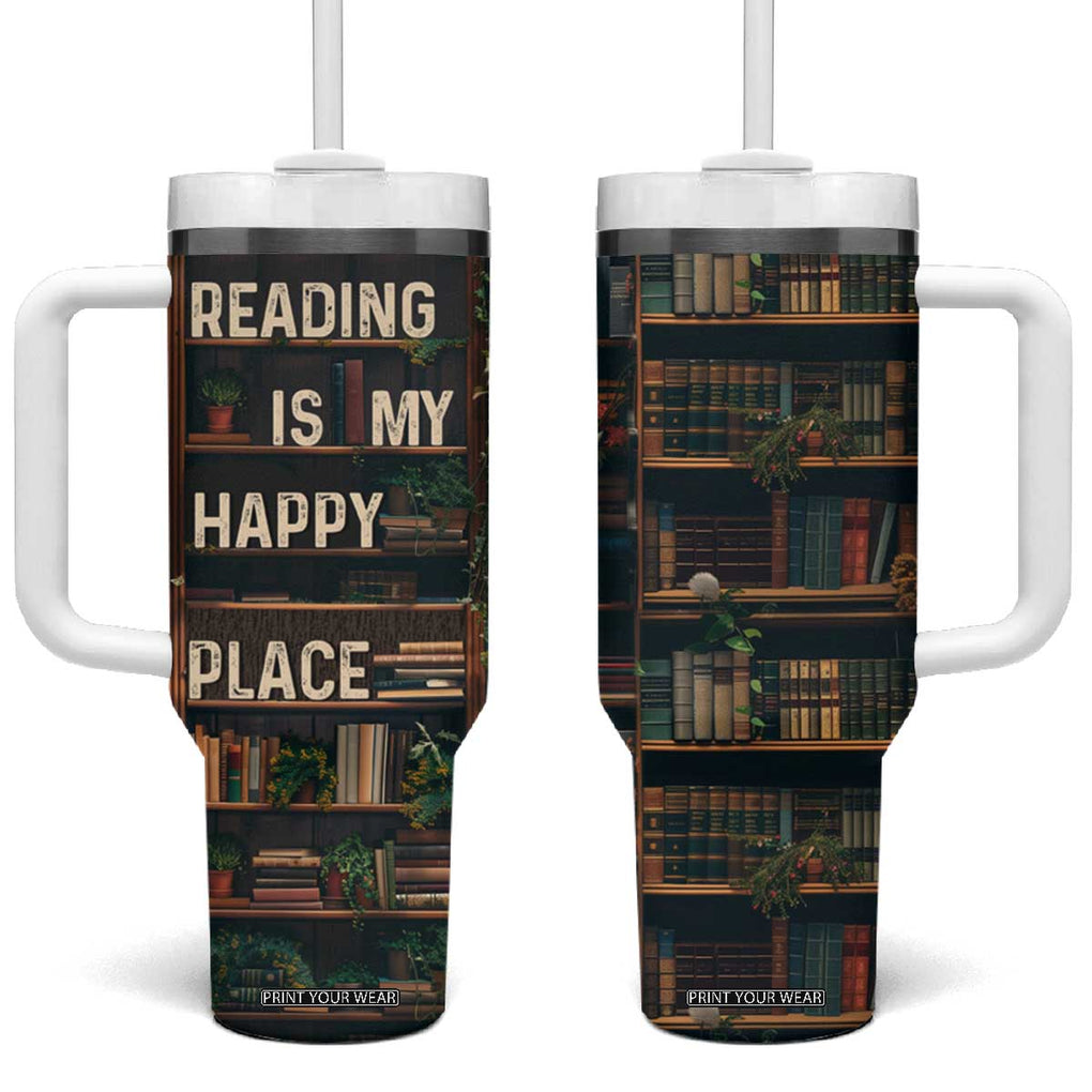 Book Lover Tumbler With Handle Reading Is My Happy Place Vintage Bookshelf TB09 One Size: 40 oz Brown Print Your Wear
