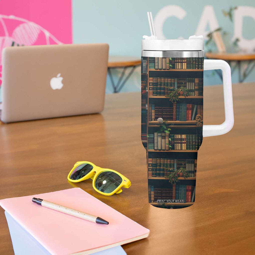 Book Lover Tumbler With Handle Reading Is My Happy Place Vintage Bookshelf TB09 Print Your Wear