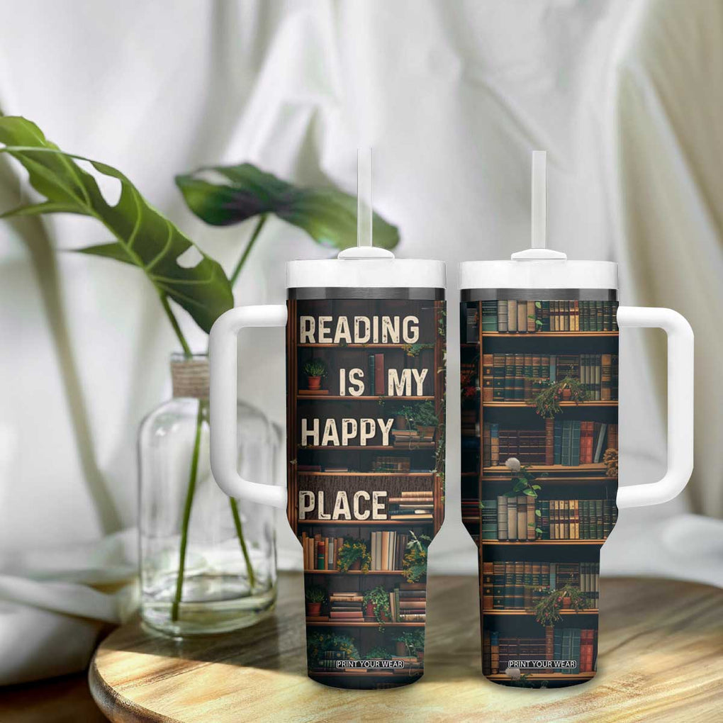 Book Lover Tumbler With Handle Reading Is My Happy Place Vintage Bookshelf TB09 Print Your Wear