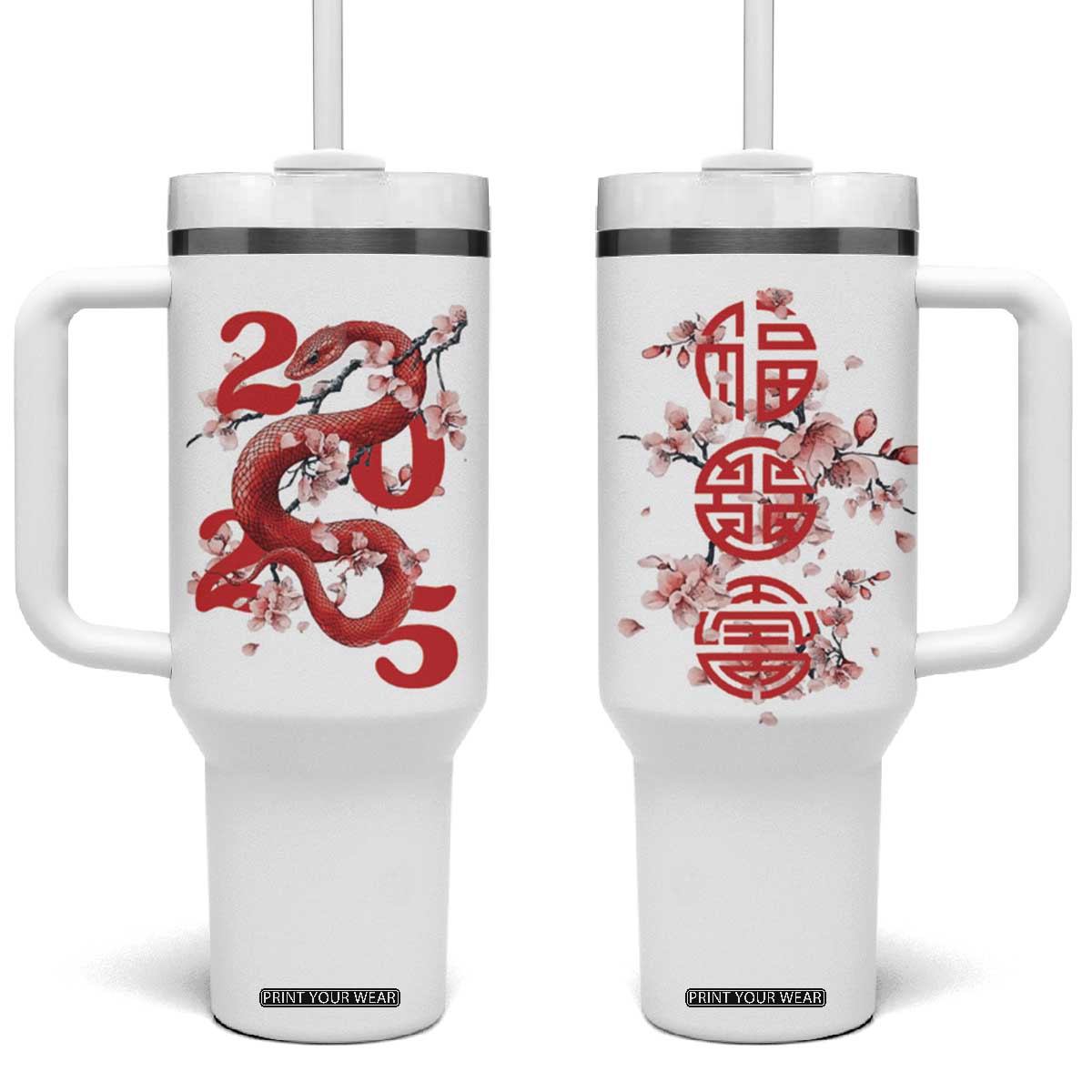 Year Of The Snake 2025 Tumbler With Handle Lu Fu Shou Chinese New Year Snake Cherry Blossom TB09 One Size: 40 oz White Print Your Wear