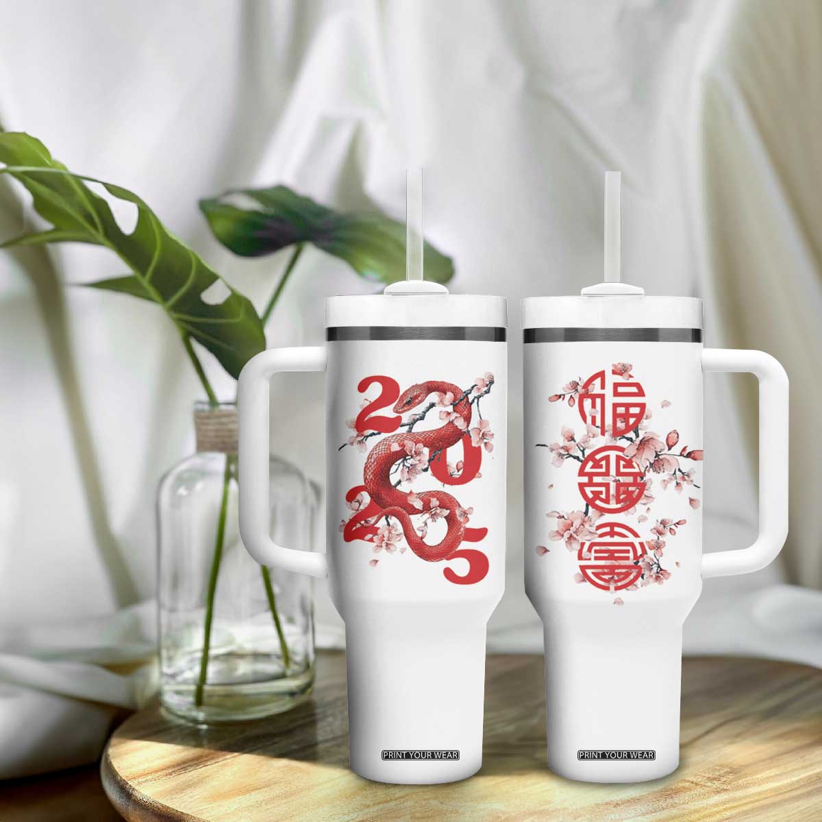Year Of The Snake 2025 Tumbler With Handle Lu Fu Shou Chinese New Year Snake Cherry Blossom TB09 Print Your Wear