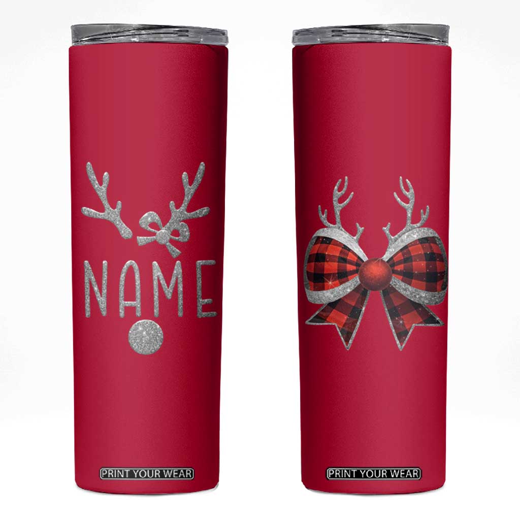 Personalized Christmas Skinny Tumbler Custom Name Cute Reindeer Girly Bow TB09 Red Print Your Wear