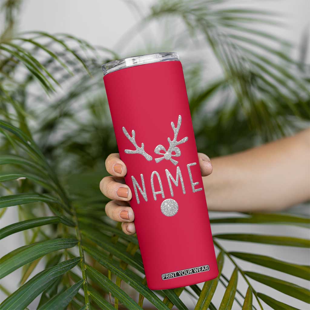 Personalized Christmas Skinny Tumbler Custom Name Cute Reindeer Girly Bow TB09 Print Your Wear