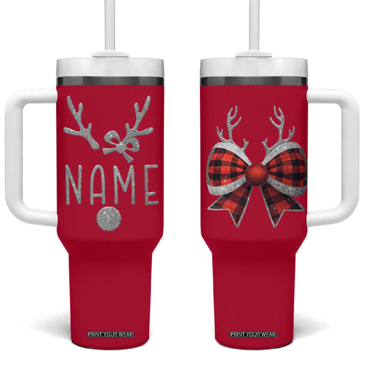 Personalized Christmas Tumbler With Handle Custom Name Cute Reindeer Girly Bow TB09 One Size: 40 oz Red Print Your Wear
