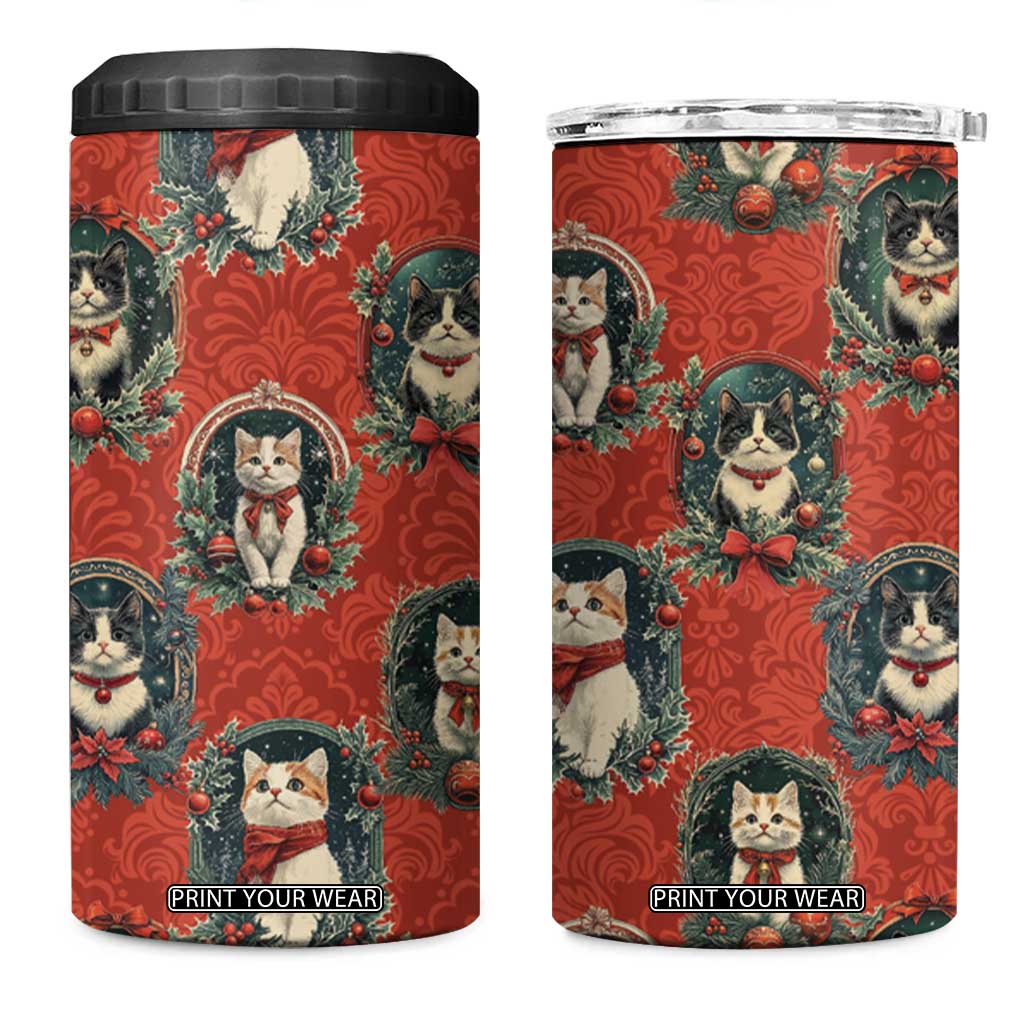 Christmas Cat 4 in 1 Can Cooler Tumbler Vintage Kitten Royal Victorian Holly Wreath TB09 One Size: 16 oz Red Print Your Wear