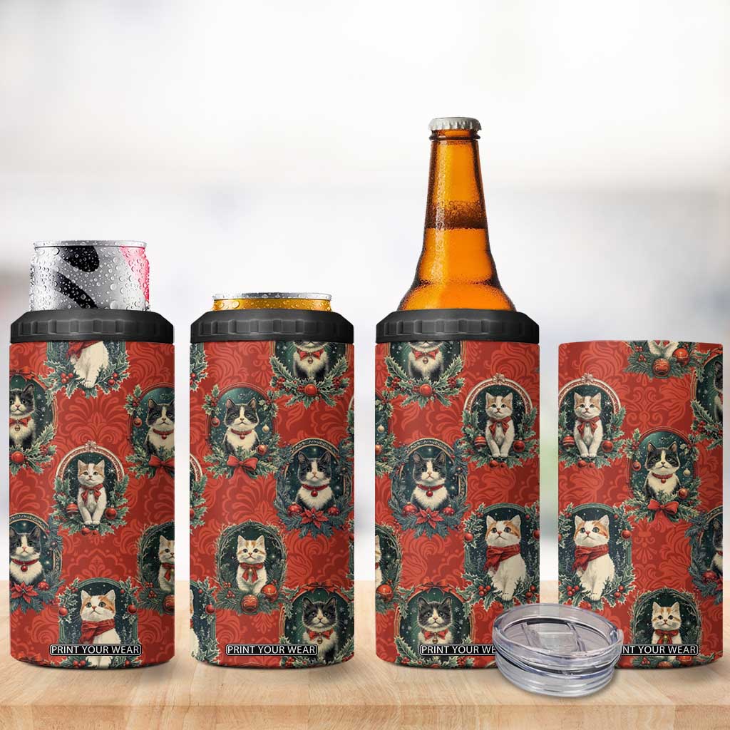 Christmas Cat 4 in 1 Can Cooler Tumbler Vintage Kitten Royal Victorian Holly Wreath TB09 Print Your Wear