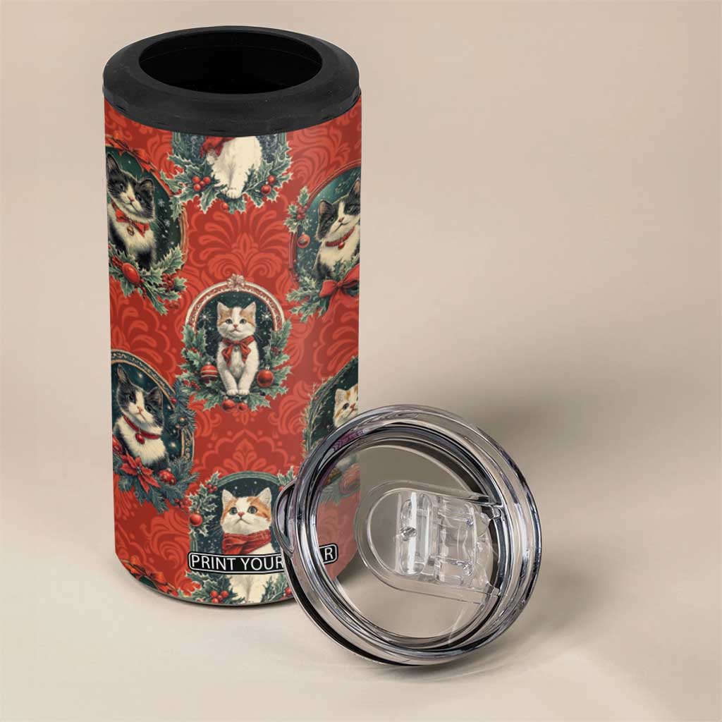 Christmas Cat 4 in 1 Can Cooler Tumbler Vintage Kitten Royal Victorian Holly Wreath TB09 Print Your Wear