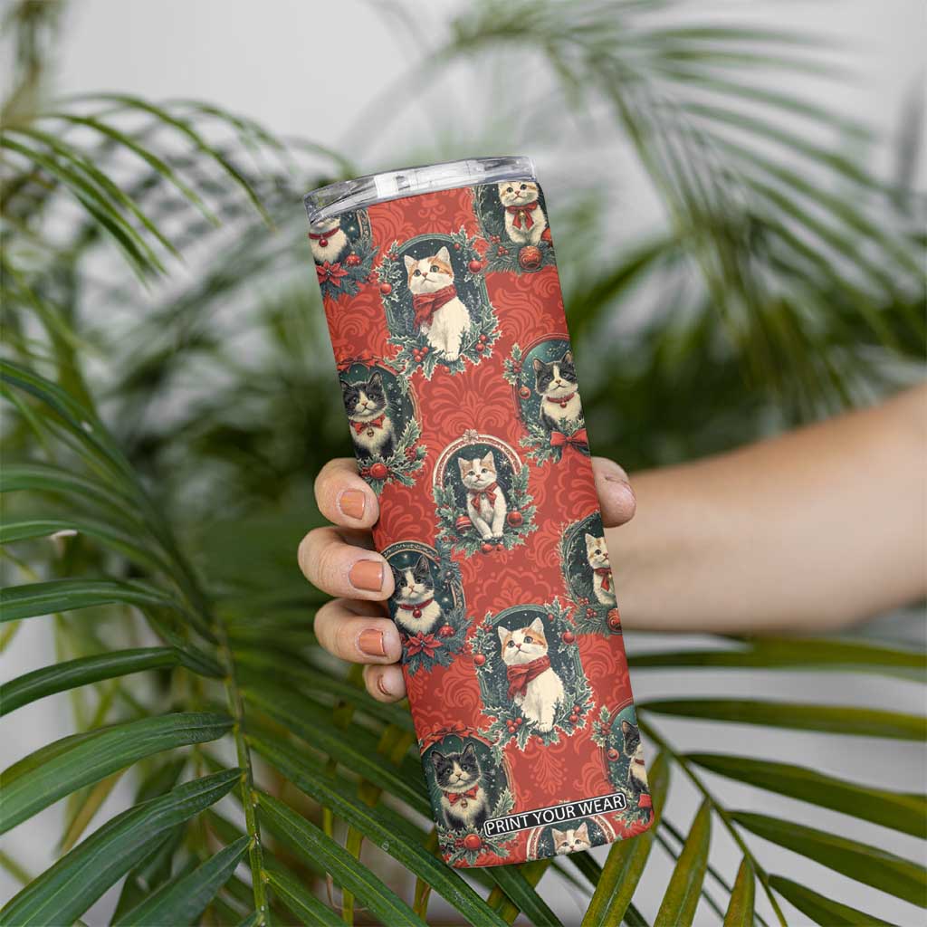 Christmas Cat Skinny Tumbler Vintage Kitten Royal Victorian Holly Wreath TB09 Print Your Wear
