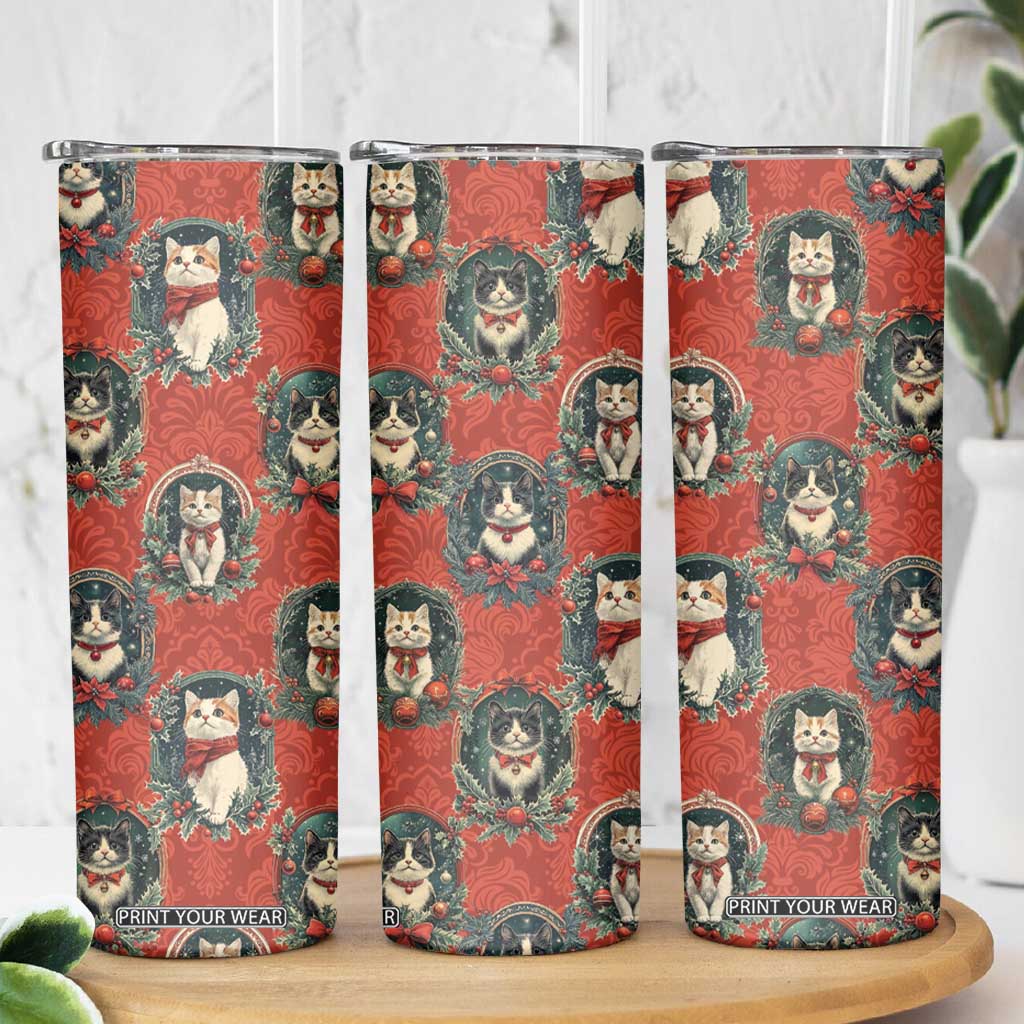 Christmas Cat Skinny Tumbler Vintage Kitten Royal Victorian Holly Wreath TB09 Print Your Wear