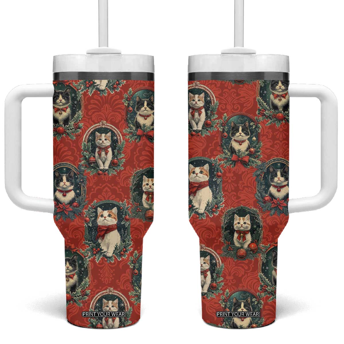 Christmas Cat Tumbler With Handle Vintage Kitten Royal Victorian Holly Wreath TB09 One Size: 40 oz Red Print Your Wear