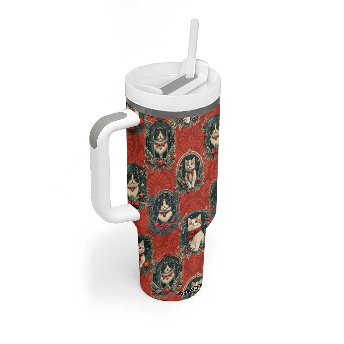 Christmas Cat Tumbler With Handle Vintage Kitten Royal Victorian Holly Wreath TB09 Print Your Wear