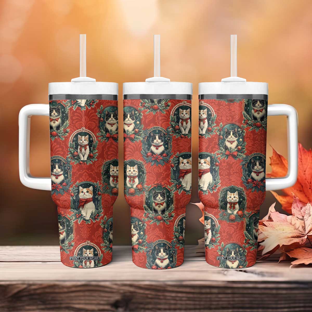Christmas Cat Tumbler With Handle Vintage Kitten Royal Victorian Holly Wreath TB09 Print Your Wear