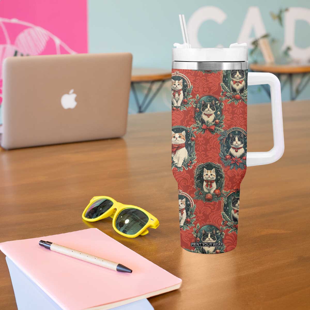 Christmas Cat Tumbler With Handle Vintage Kitten Royal Victorian Holly Wreath TB09 Print Your Wear