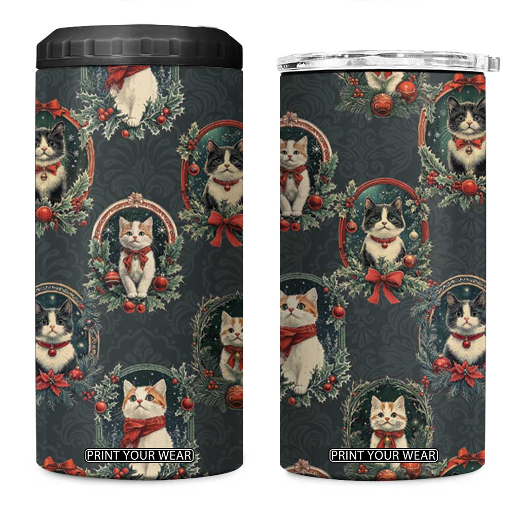 Christmas Cat 4 in 1 Can Cooler Tumbler Vintage Kitten Victorian Royal Holly Wreath TB09 One Size: 16 oz Green Print Your Wear