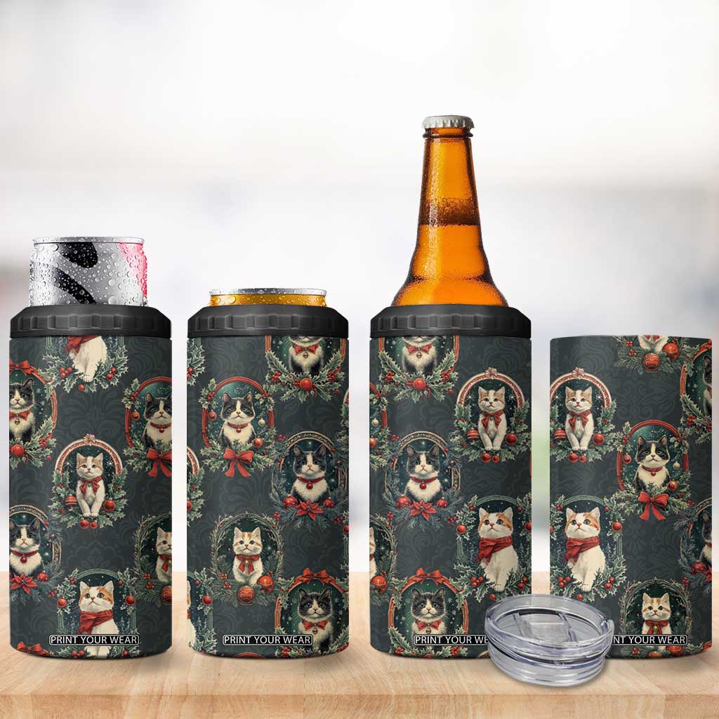 Christmas Cat 4 in 1 Can Cooler Tumbler Vintage Kitten Victorian Royal Holly Wreath TB09 Print Your Wear