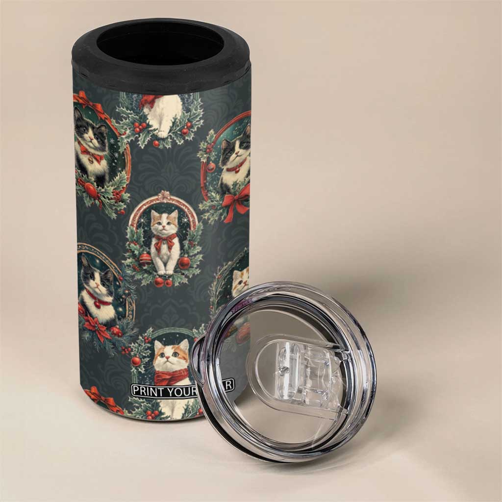Christmas Cat 4 in 1 Can Cooler Tumbler Vintage Kitten Victorian Royal Holly Wreath TB09 Print Your Wear