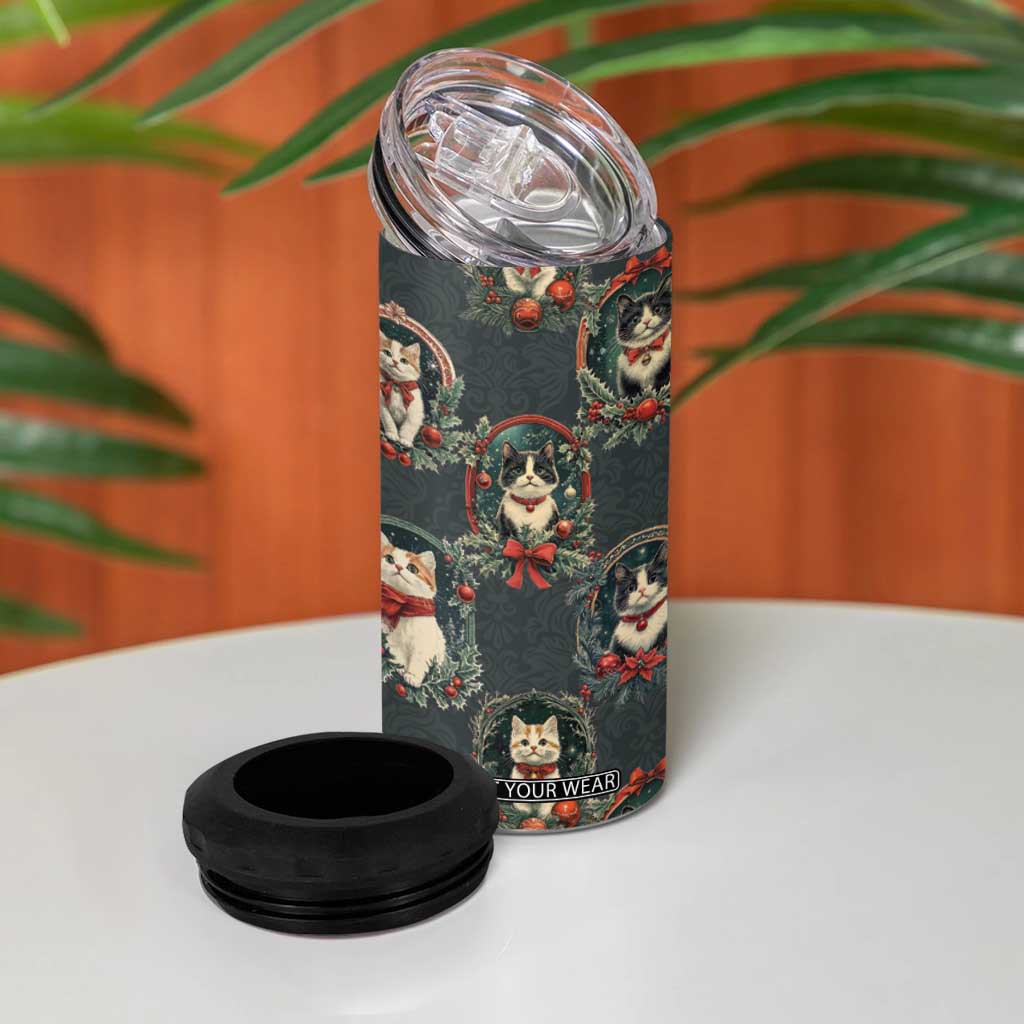 Christmas Cat 4 in 1 Can Cooler Tumbler Vintage Kitten Victorian Royal Holly Wreath TB09 Print Your Wear