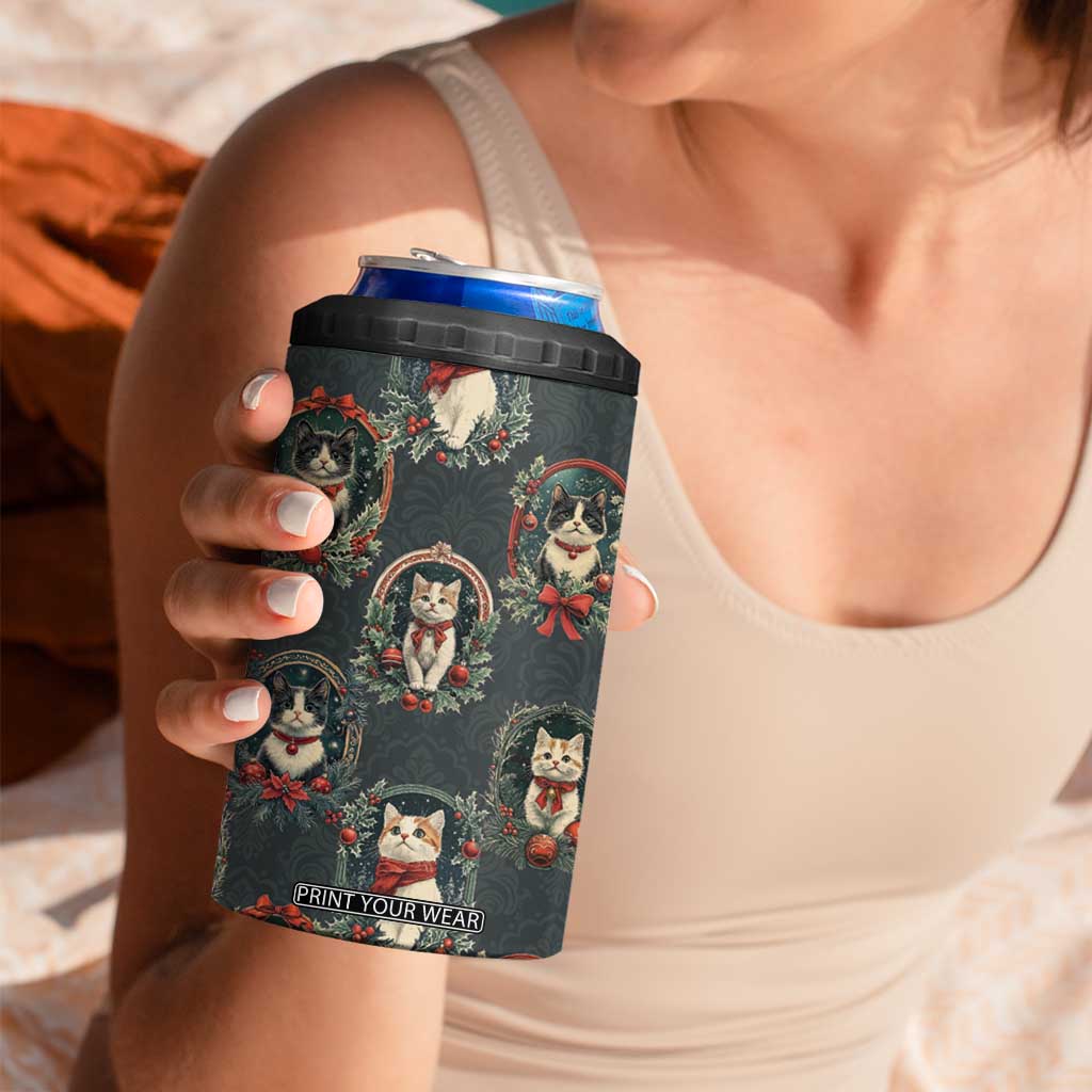 Christmas Cat 4 in 1 Can Cooler Tumbler Vintage Kitten Victorian Royal Holly Wreath TB09 Print Your Wear